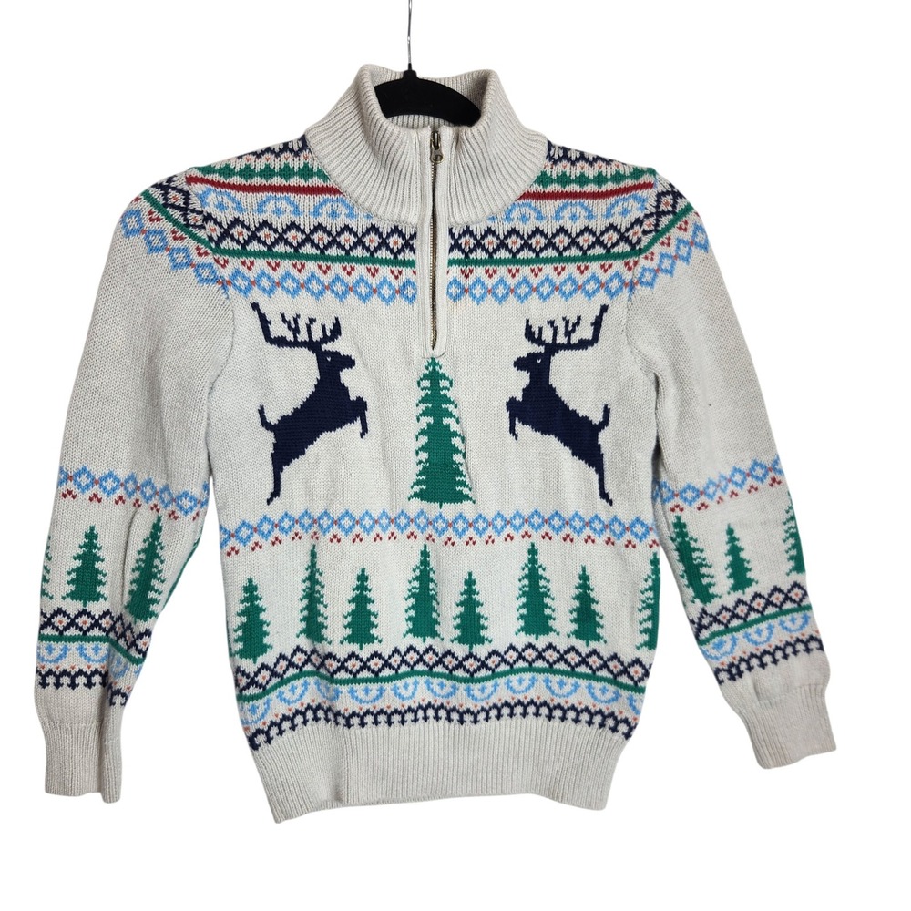 Crewcuts J.Crew Boys Fair Isle Reindeer Quarter Zip Sweater Cream Size L 10-12